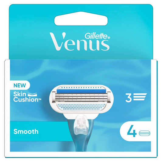 Gillette Venus Smooth Razor Blade Refills, 4-Pack, 3-Blade, Aloe Lubrastrip, Indicator Strip, For Women