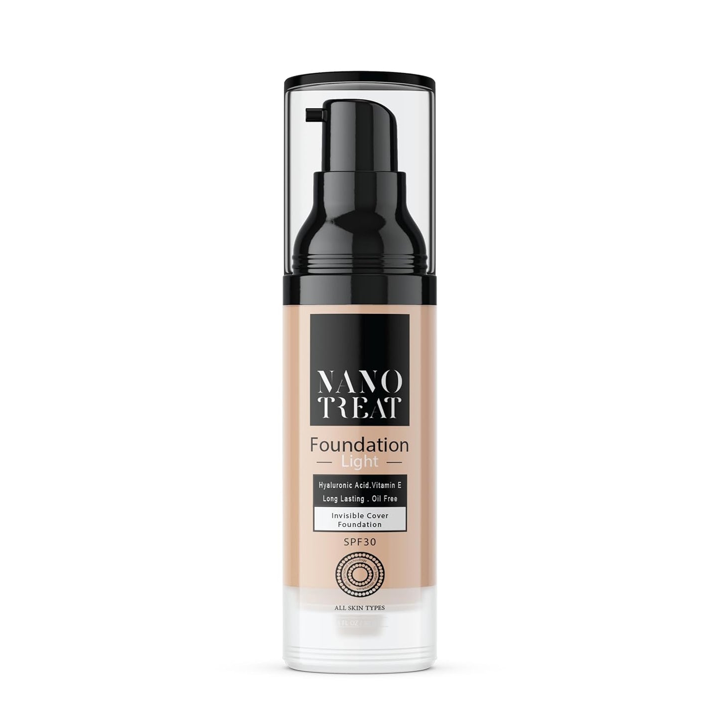Nano Treat Foundation SPF 30 with Brightening Vitamin C & E, Niacinamide & Hyaluronic Acid - Waterproof - Long Lasting - Light Color -30ml