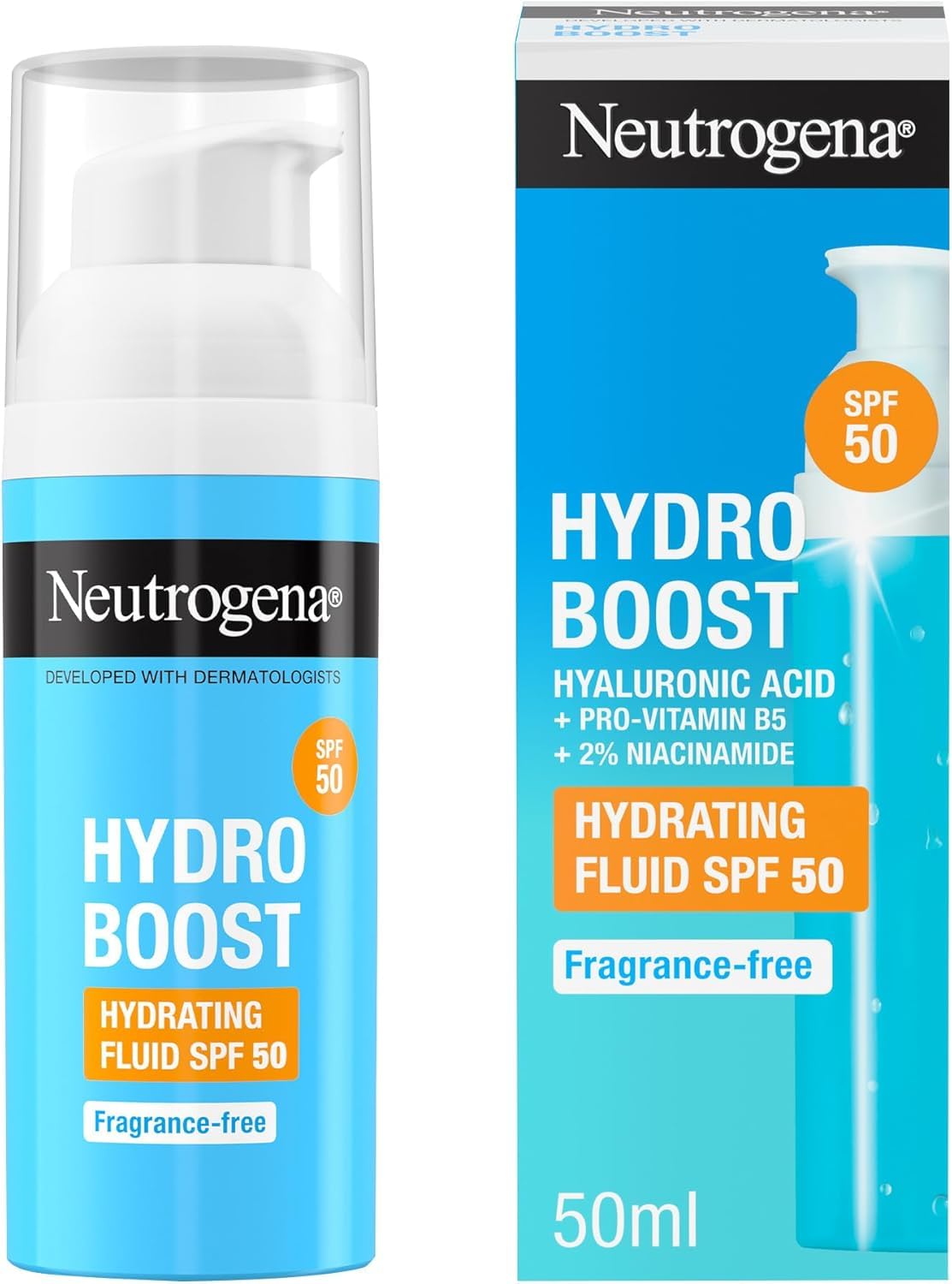 Neutrogena Hydro Boost Fluid SPF 50, Lightweight, Non-Sticky Formula, Enriched with Hyaluronic Acid, Provitamin B5, 2% Niacinamide, 50ml
