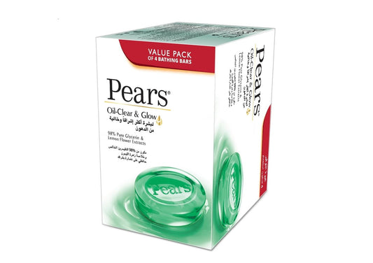PEARS Oil Clear & Glow Bar Soap with 100% Natural Ingredients & Glycerin for Soft & Glowing Skin| Paraben-Free Moisturising Soap With Mild Fragrance| Dermatologically Tested & Eco-Friendly (Pack of 4)