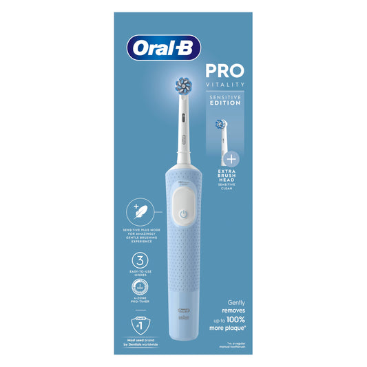 Oral-B Vitality Pro Electric Toothbrushes Adults, Mothers Day Gifts For Her/Him, 1 Handle, 2 Toothbrush Heads, 3 Brushing Modes Including Sensitive Plus, 2 Pin UK Plug, Blue