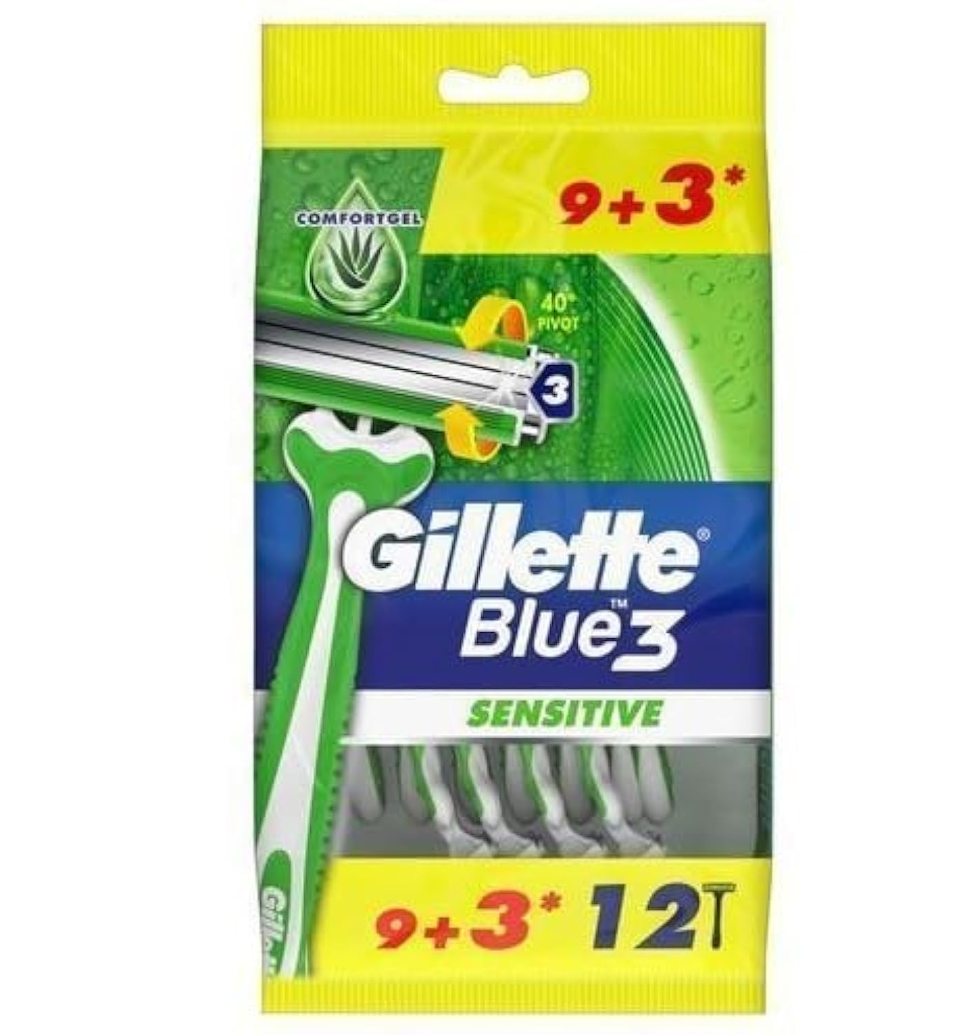 Gillette blue3 sensitive men's disposable razors : 9+3 razors