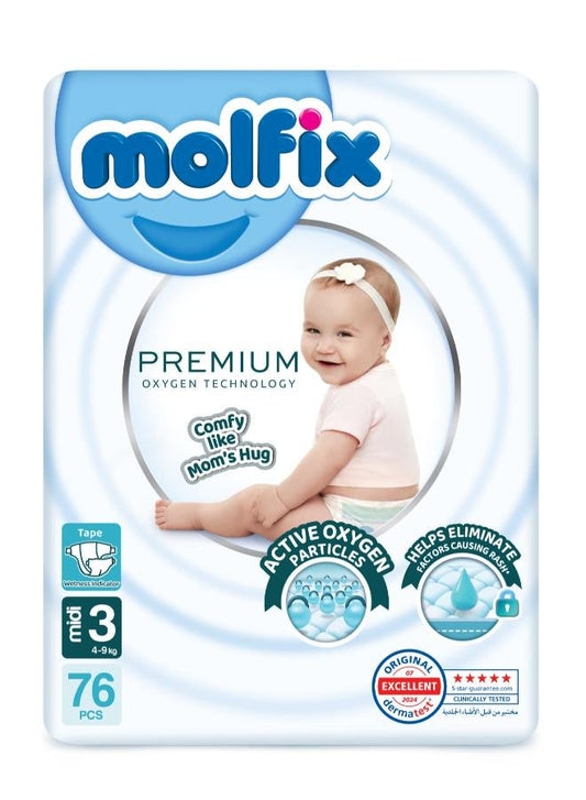 Molfix Mega Pack Of 76 O2  Midi Baby Diapers -  Size 3
