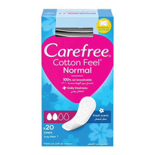 CAREFREE Cotton Unscented Panty Liners, Pack of 20, Extra Soft Feel and 100% Breathable Carefree Panty Liners for Women with Cotton Extract, Fresh and Comfortable