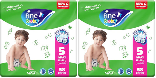 Fine Diapers, Size 5, Maxi, 11-18 kg, 58 Diapers (Pack of 2)