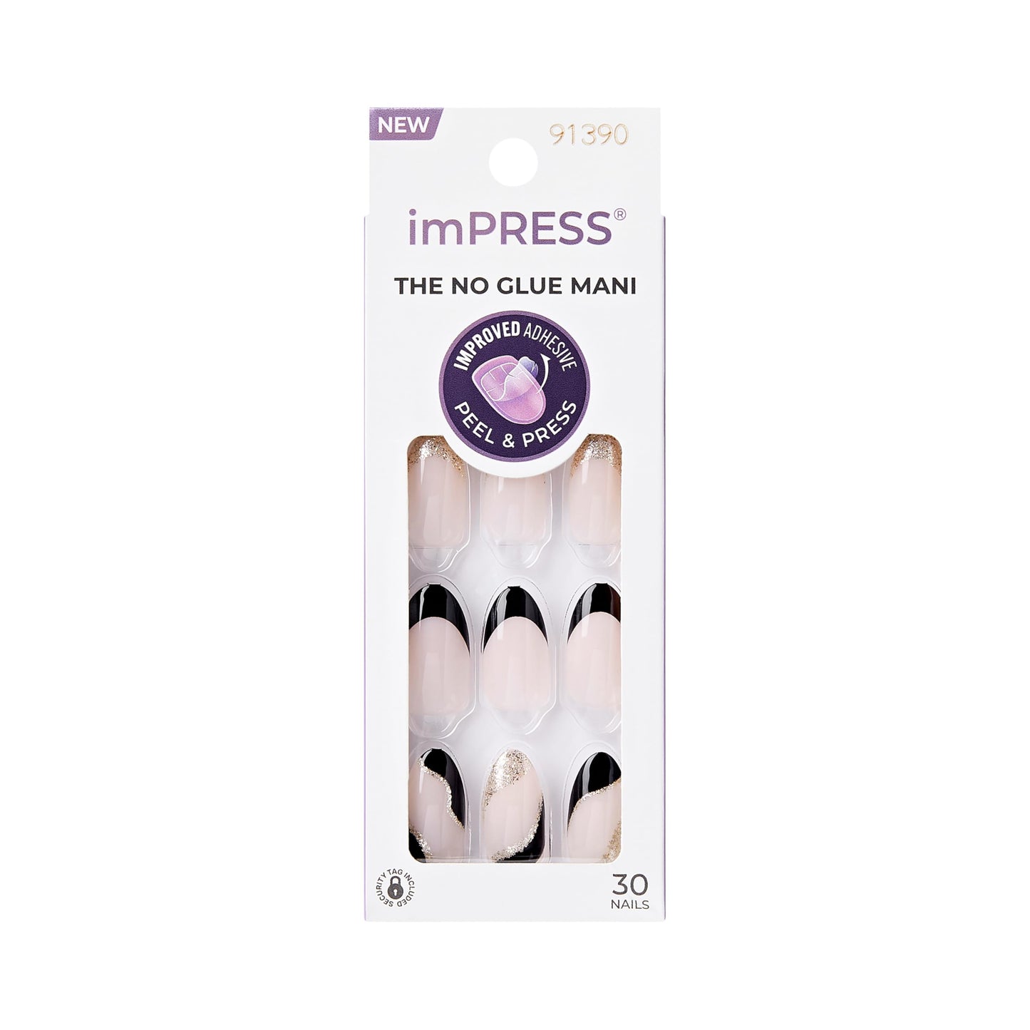 KISS imPRESS No Glue Mani Press-On Nail French 'Illusion' Dark Neutral + Black Tip French Medium Size, Almond Shape, with 30 Nails Prep Pad, Instruction Sheet, 1 Manicure Stick, 1 Mini File