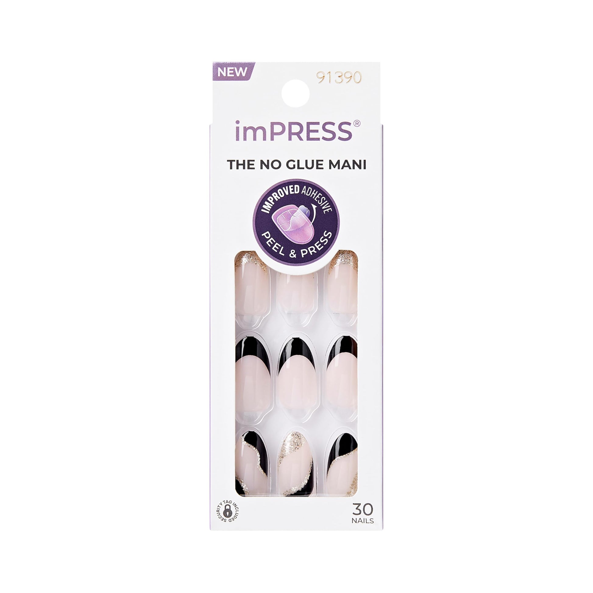 KISS imPRESS No Glue Mani Press-On Nail French 'Illusion' Dark Neutral + Black Tip French Medium Size, Almond Shape, with 30 Nails Prep Pad, Instruction Sheet, 1 Manicure Stick, 1 Mini File