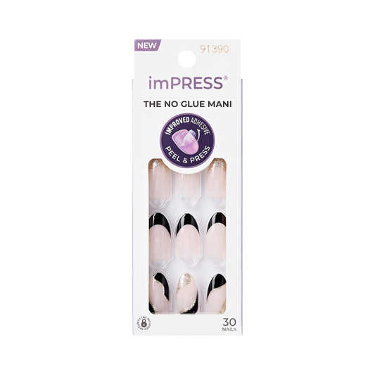 KISS imPRESS No Glue Mani Press-On Nail French 'Illusion' Dark Neutral + Black Tip French Medium Size, Almond Shape, with 30 Nails Prep Pad, Instruction Sheet, 1 Manicure Stick, 1 Mini File