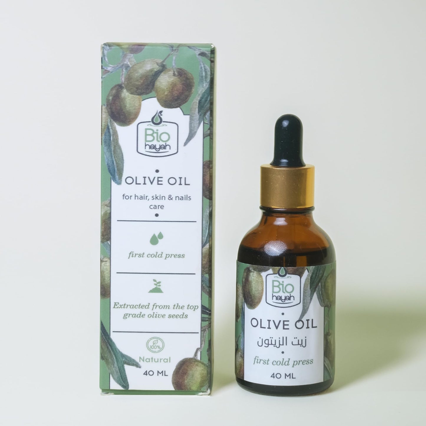 Biohayah Olive Oil 40ml – 100% Pure Cold Pressed Cosmetic-Grade Olive Oil – Natural Skin, Hair & Body Care Moisturizer – Dropper Bottle for Precision Application