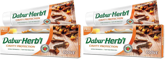 Dabur Herbal Cavity Protection Clove Toothpaste (140g) with Toothbrush | Enriched with Clove | Natural Toothpaste For Cavity Free Strong Teeth (Pack of 2)