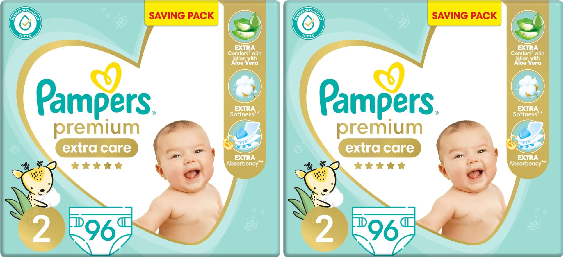Pampers Premium EXTRA CARE Taped Diapers, Size 2, 3-8 kg, with Lotion with Aloe Vera, Saving Pack, 96 Baby Diapers (Pack of 2)