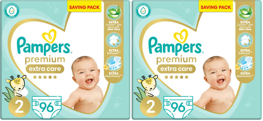 Pampers Premium EXTRA CARE Taped Diapers, Size 2, 3-8 kg, with Lotion with Aloe Vera, Saving Pack, 96 Baby Diapers (Pack of 2)