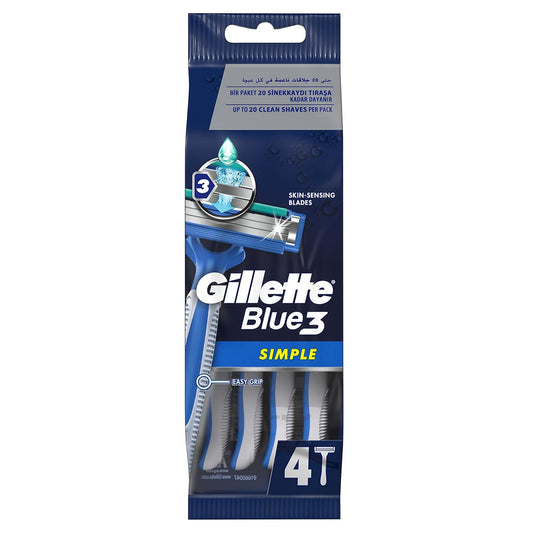 Gillette Blue3 Simple Disposable Razor for Men, Up To 20 Clean Shaves Per Pack - 4 Pieces