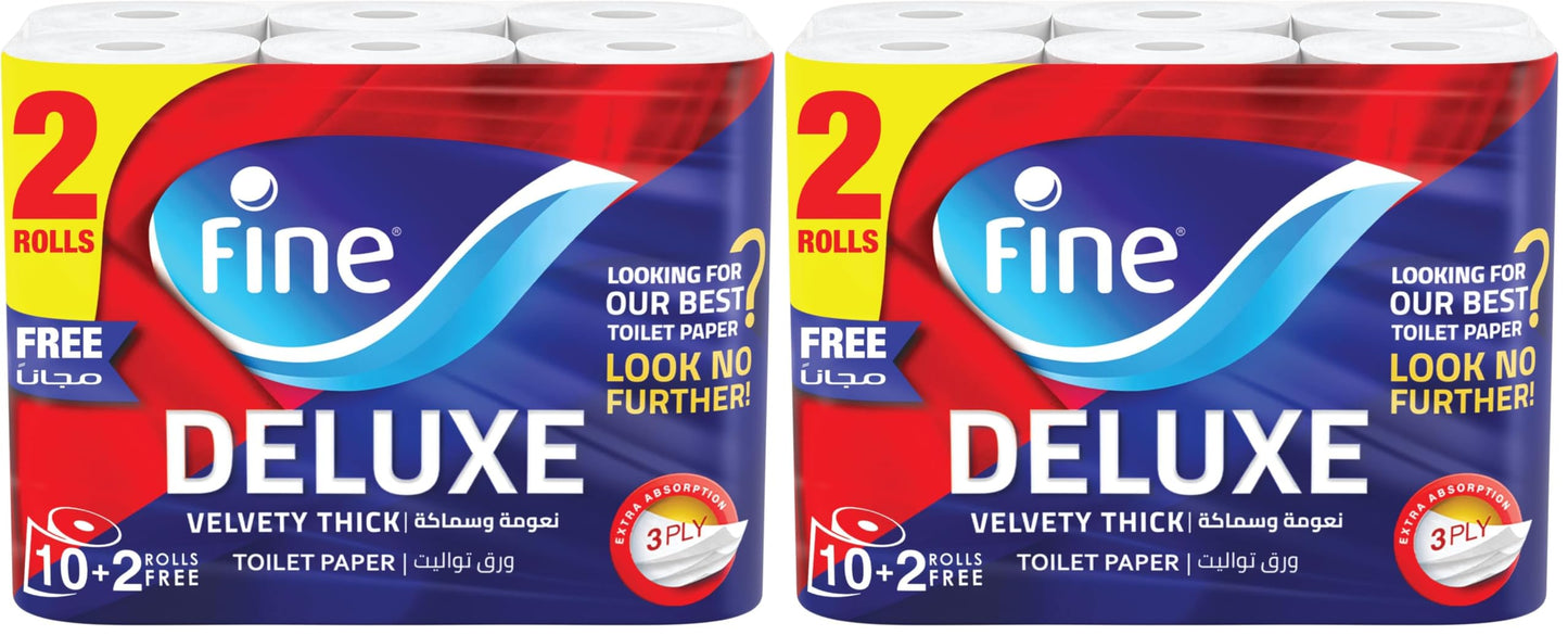 Fine Deluxe - 3 Ply Toilet Tissue Paper - 12 Rolls (Pack of 2)