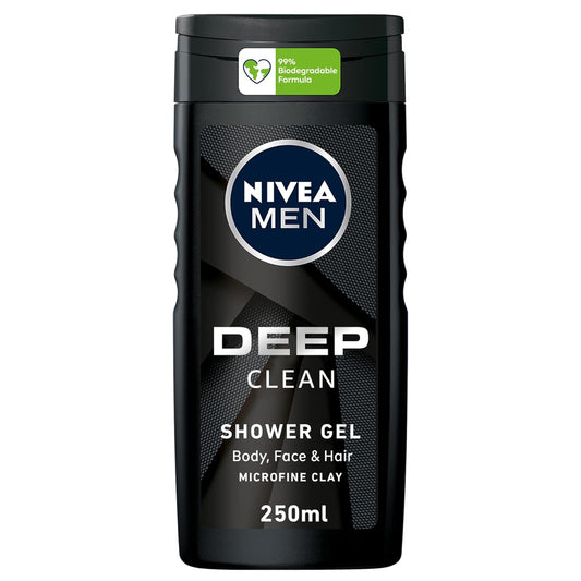 NIVEA MEN 3in1 Shower Gel Body Wash, Cleansing DEEP Micro-Fine Clay, Woody Scent, 250ml, packaging may vary