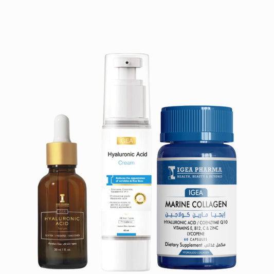 Igea Hyaluronic Acid Serum (30ml) and Marine Collagen 60 Capsules and Hyaluronic Acid Cream (40ml) Moisturizes & Reduces the Appearance Of Fine Lines and wrinkles