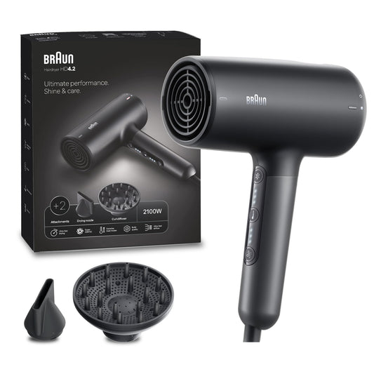 Braun HD 4.2 Hair Dryer BRHD425SDE – 2100 Watts Professional Ionic Hairdryer with 3 Heat & 3 Speed Settings, Cool Shot Function, Diffuser Attachment, Removable Filter, Long 2.2m Cord, Black – BRHD425E