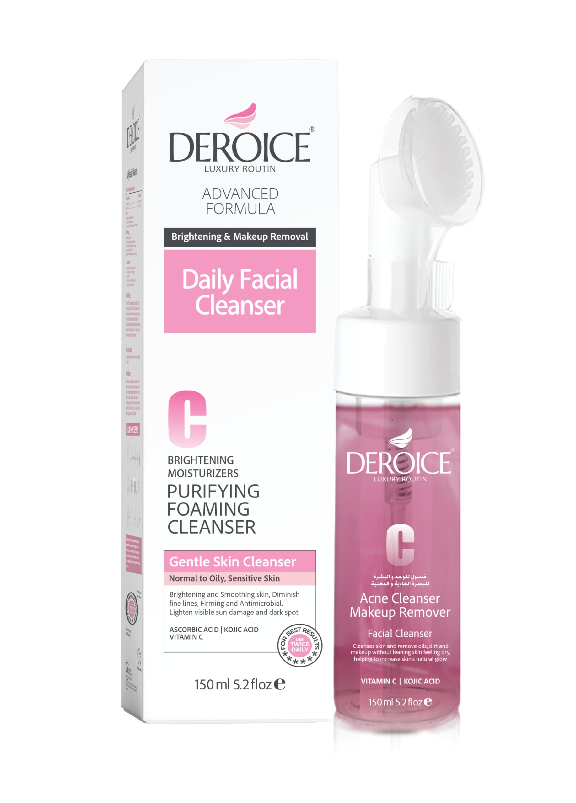 DEROICE Acne Foaming Cleanser | Makeup Remover and Daily Face Wash | Brightening Facial Cleanser With Vitamin C | with Brush 150ml