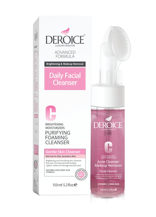 DEROICE Acne Foaming Cleanser | Makeup Remover and Daily Face Wash | Brightening Facial Cleanser With Vitamin C | with Brush 150ml