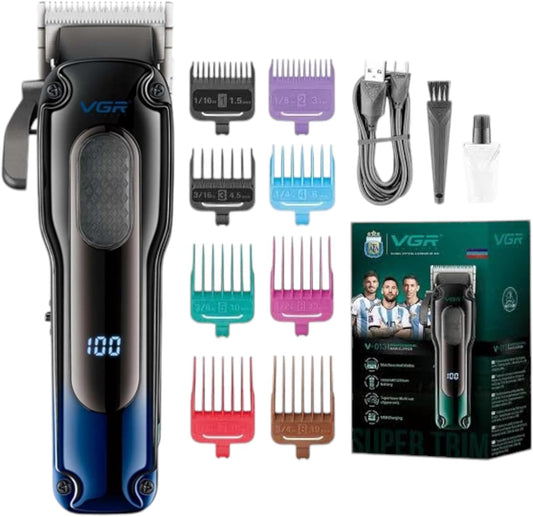 VGR V-013 Professional Salon Quality Hair Clipper – 200 Minutes Runtime, 2000mAh Lithium Battery, Adjustable Taper Lever, 8 Guide Combs, LED Display