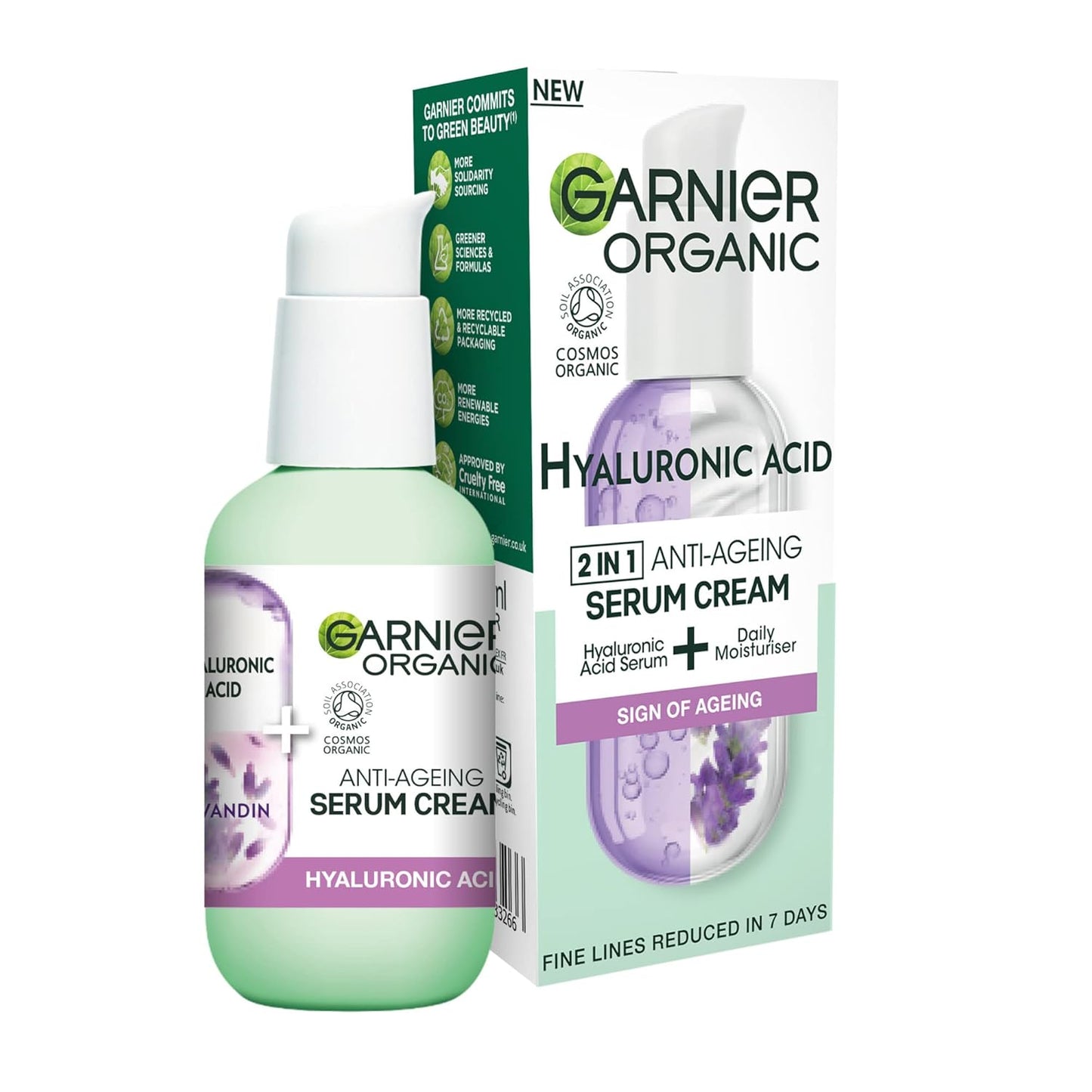 Garnier Organic Lavandin & Hyaluronic Acid Serum Cream, 2in1 Formula With Hyaluronic Acid serum & Anti-Ageing Moisturiser, Replumps, Hydrates Skin & Reduces Fine Lines, Organic & Vegan Formula, 50ml