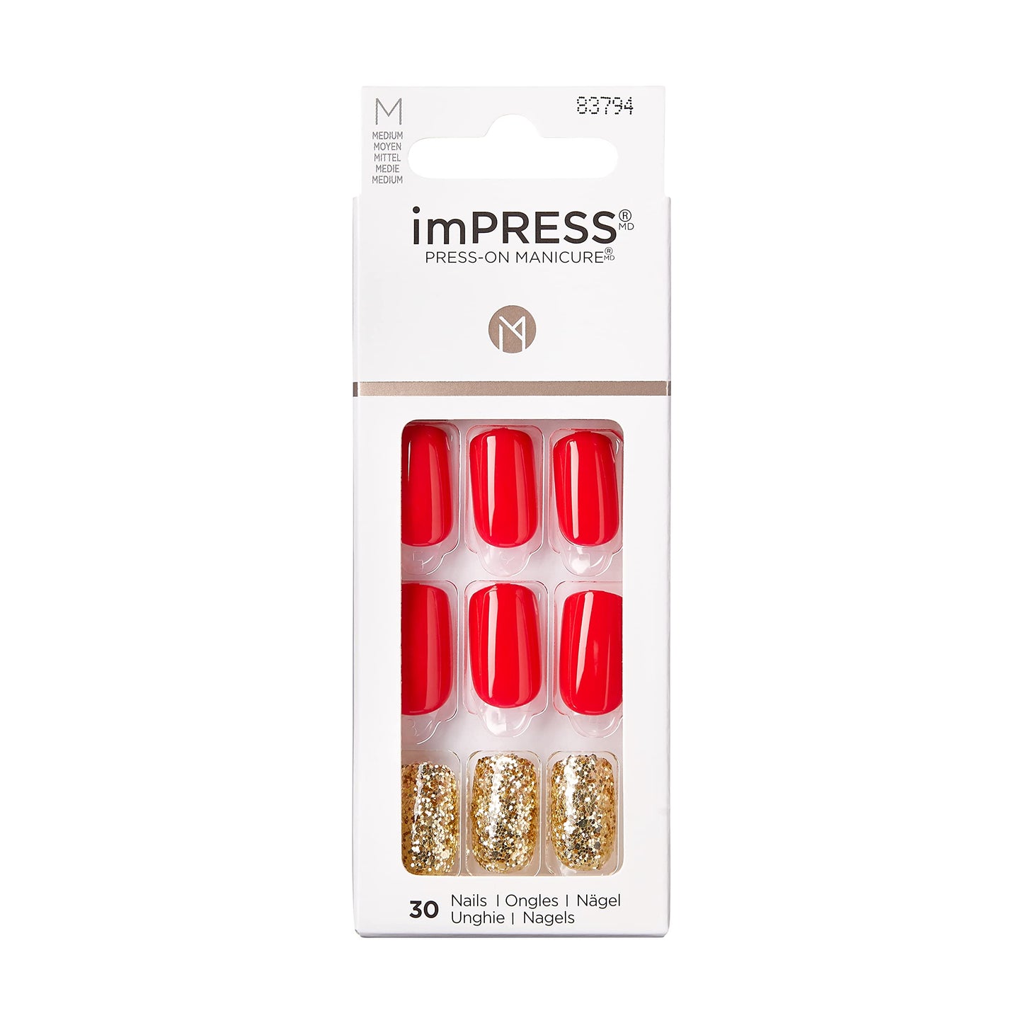 KISS imPRESS Press-On Manicure, Memories, Medium Length Square, with PureFit Technology, Includes Prep Pad, Mini File, Cuticle Stick, and 30 Fake Nails