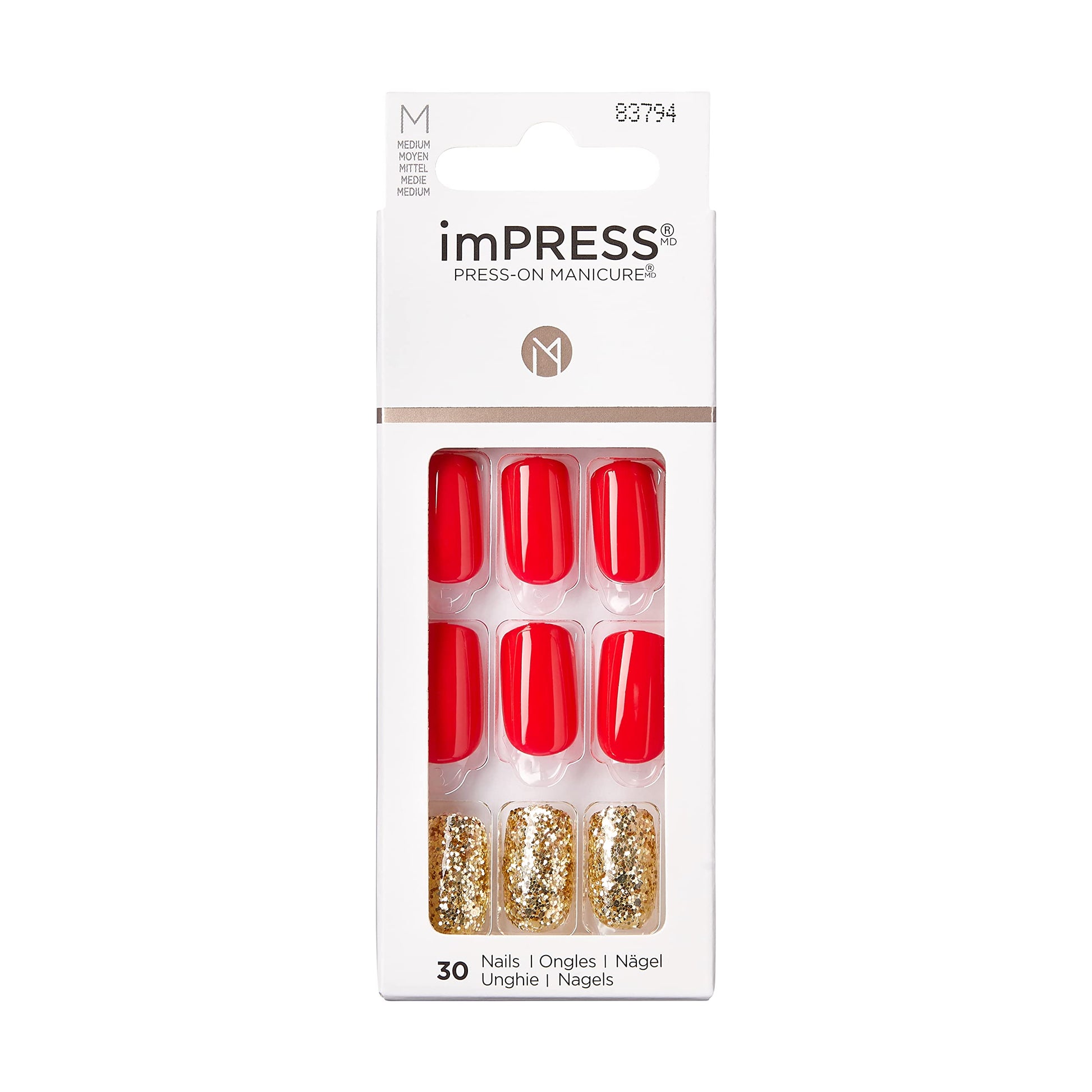 KISS imPRESS Press-On Manicure, Memories, Medium Length Square, with PureFit Technology, Includes Prep Pad, Mini File, Cuticle Stick, and 30 Fake Nails