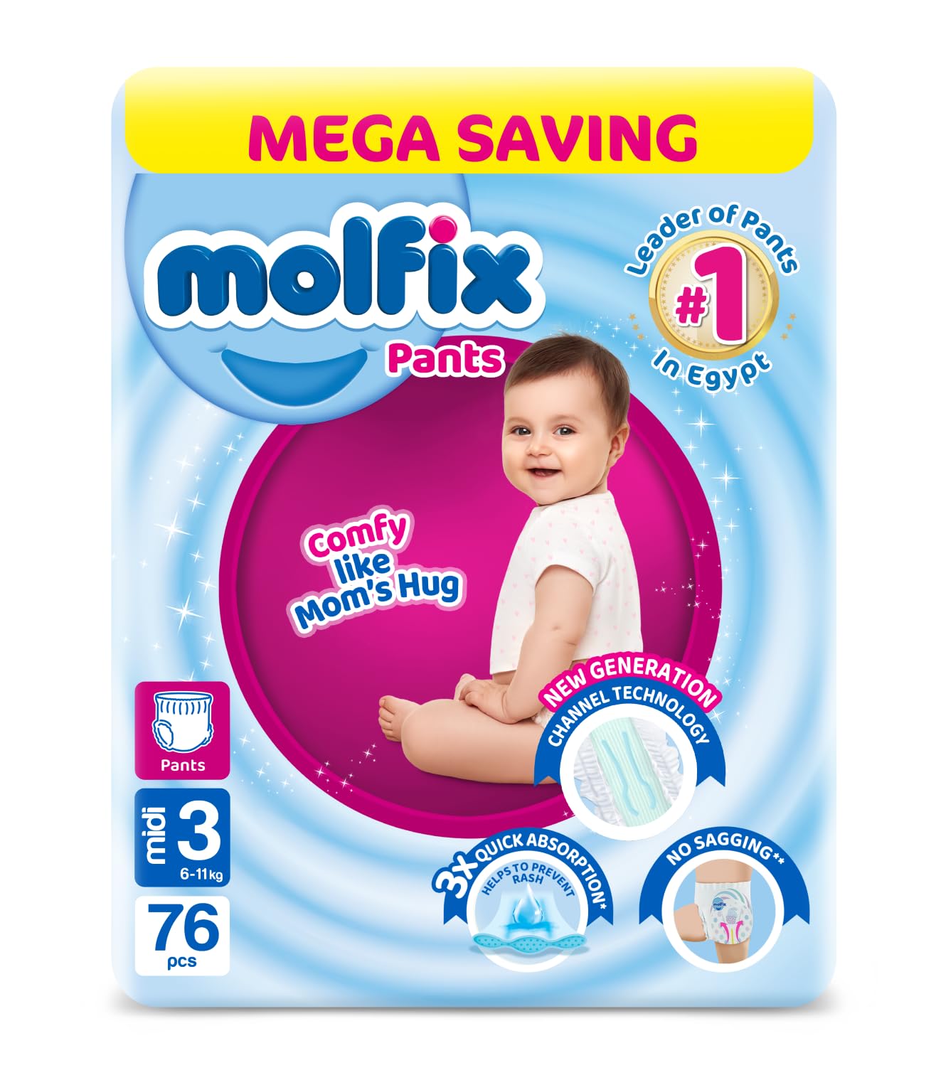Molfix Baby Diaper Pants Size 3, Mega Pack, 6-11 KG, 76 Units, Molfix Pants Diapers, Size 3, 6-11 KG, Jumbo Pack, 76 Count, Cotton Material