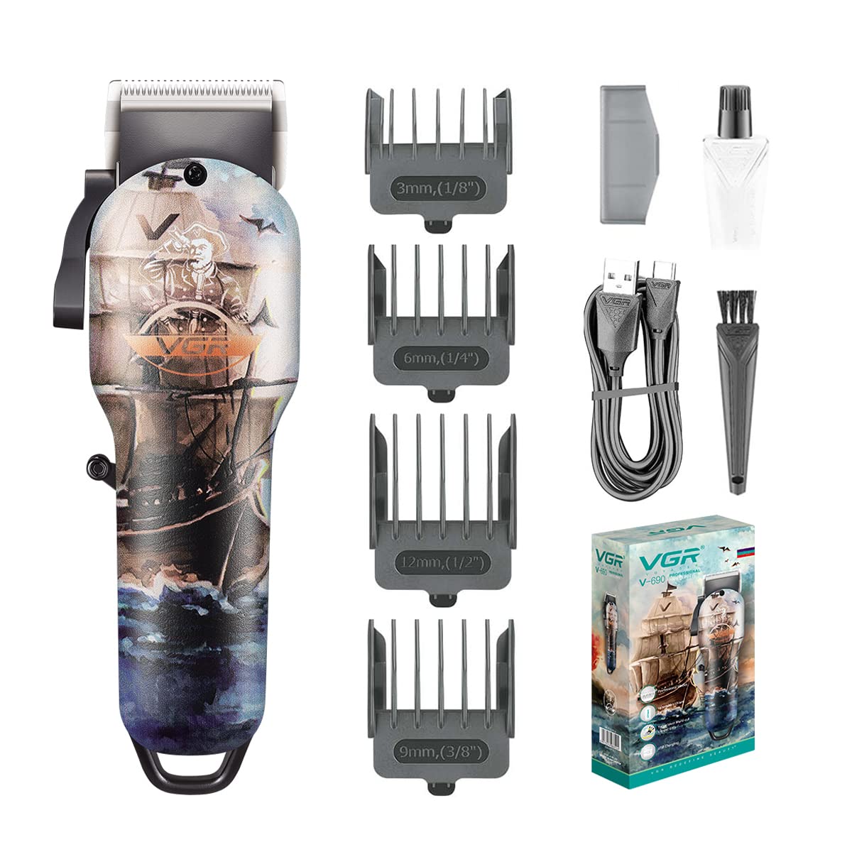 VGR V-690 Salon Series Cordless Hair Clippers Electric Hair Cutter Machine Kit Rechargeable Wireless Hair Grooming Trimmers Set, Rechargeable Li-ion Battery 1400mAh 150 minutes Runtime, Multicolour