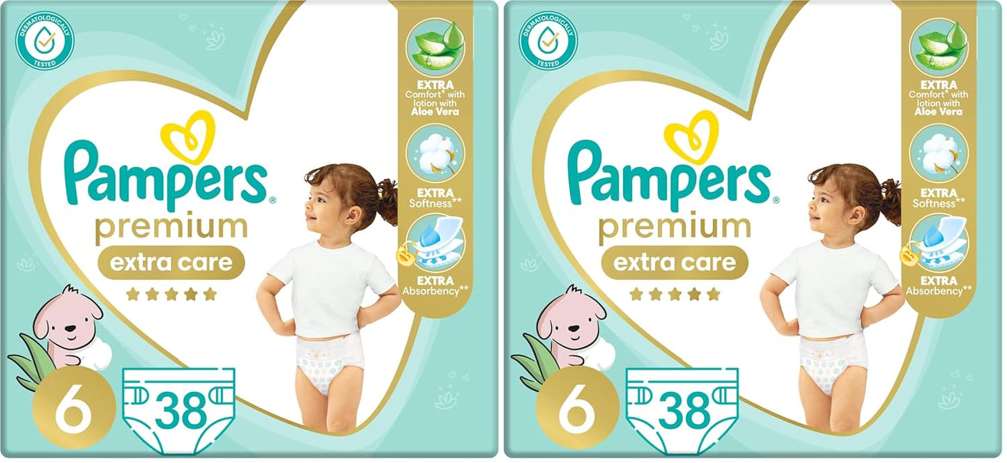Pampers Premium EXTRA CARE Taped Diapers, Size 6, 13+ kg, with Lotion with Aloe Vera, 38 Baby Diapers (Pack of 2)