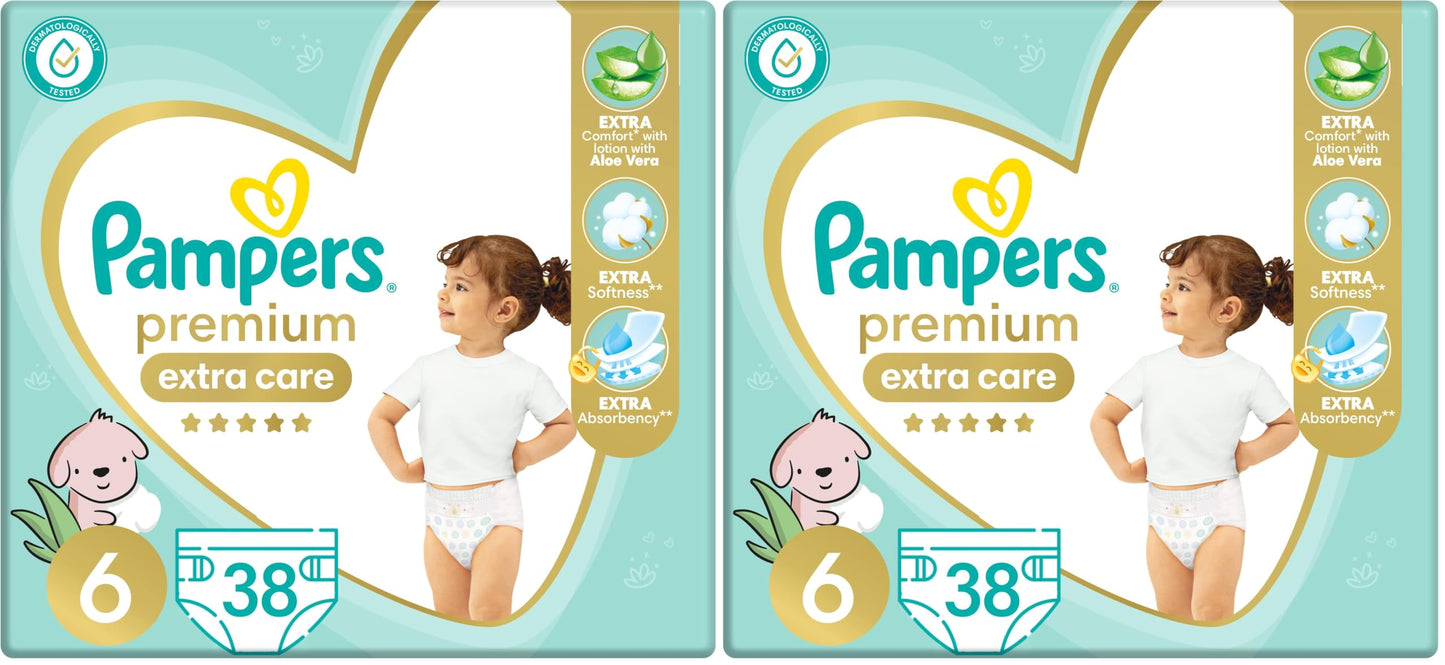 Pampers Premium EXTRA CARE Taped Diapers, Size 6, 13+ kg, with Lotion with Aloe Vera, 38 Baby Diapers (Pack of 2)