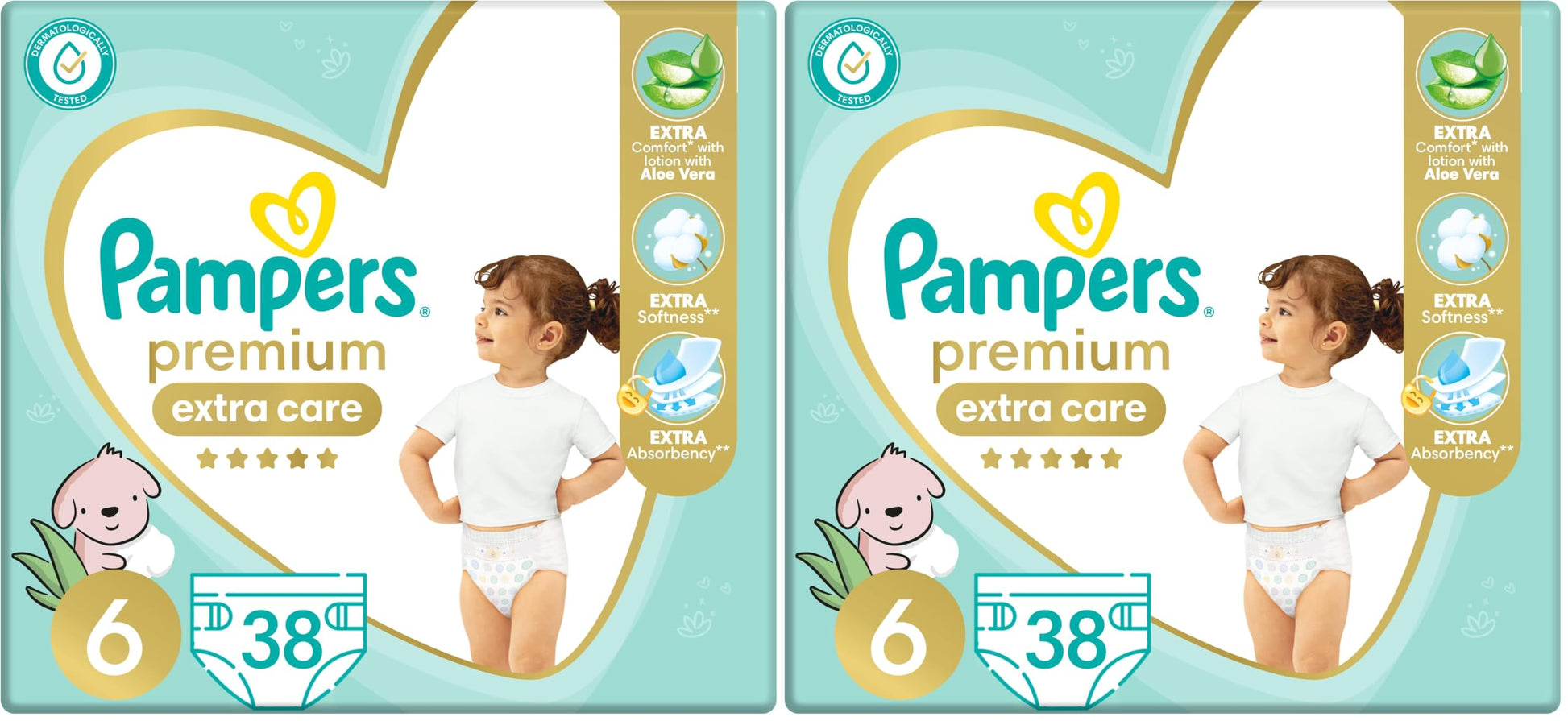 Pampers Premium EXTRA CARE Taped Diapers, Size 6, 13+ kg, with Lotion with Aloe Vera, 38 Baby Diapers (Pack of 2)