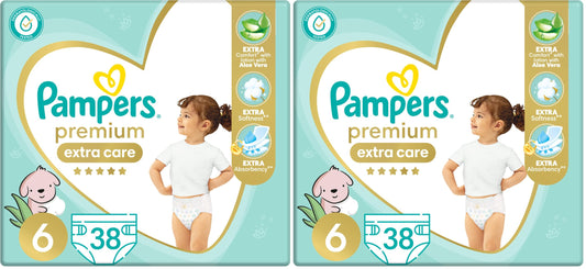 Pampers Premium EXTRA CARE Taped Diapers, Size 6, 13+ kg, with Lotion with Aloe Vera, 38 Baby Diapers (Pack of 2)
