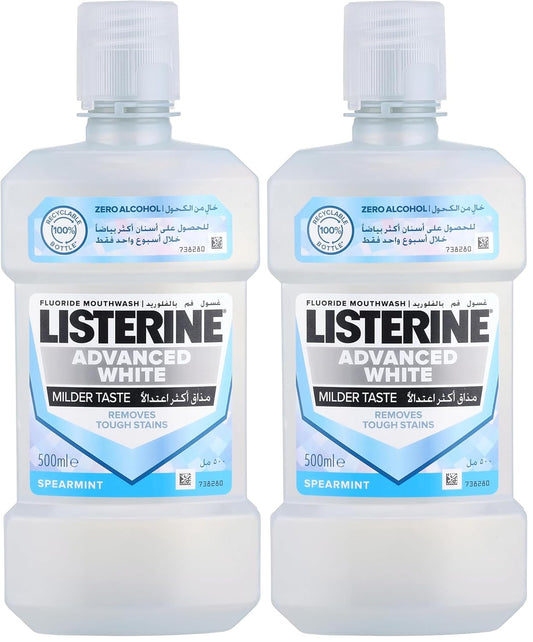Listerine advanced white mouthwash, removes tough stains, milder taste, spearmint flavour, 500ml (Pack of 2)