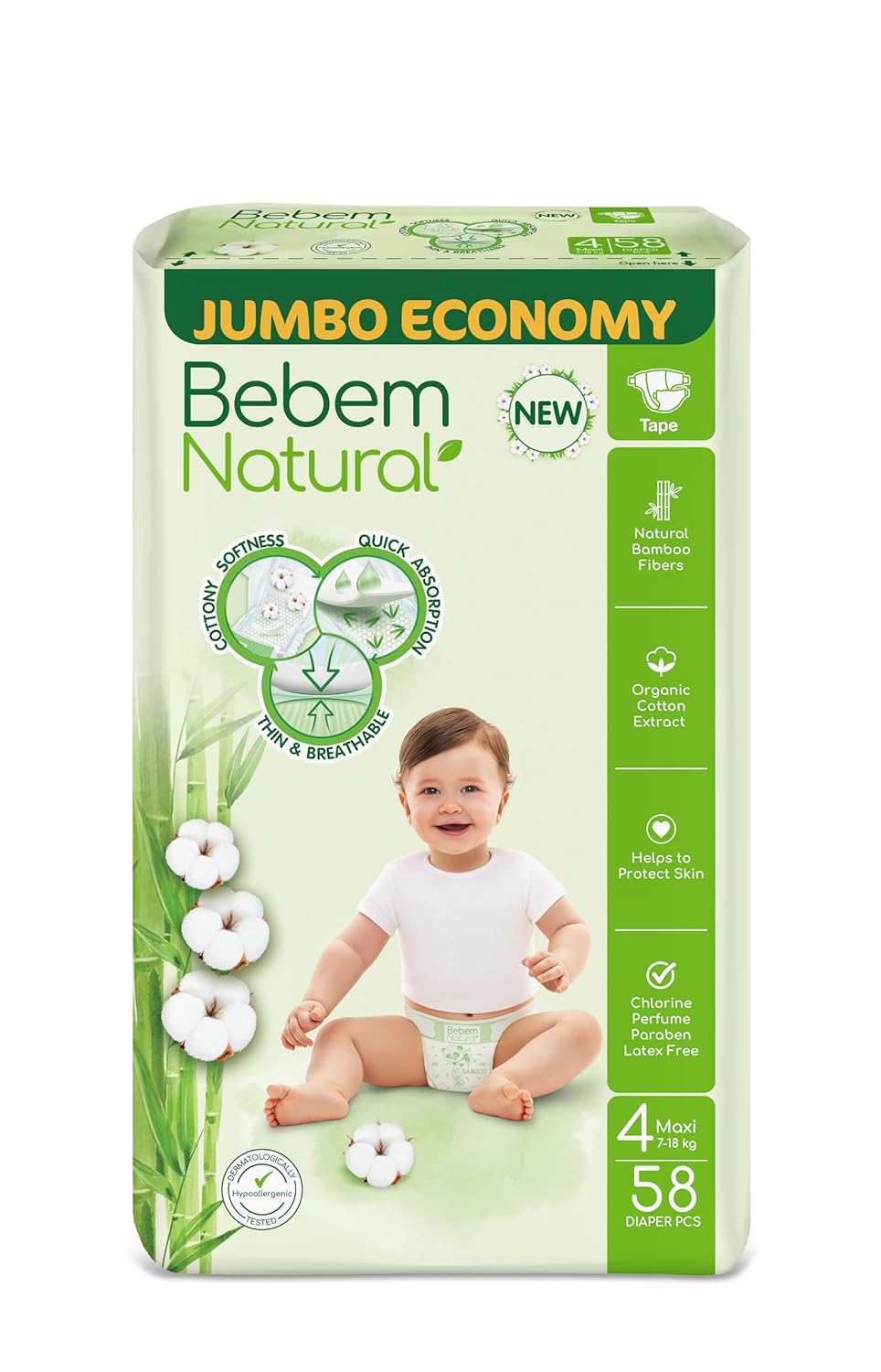 Bebem Natural - Baby Diapers - Jumbo Pack - Maxi Size 4 - 58 Pieces