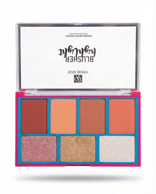 Rose Berry Blusher Highlight Palette, Natural Beauty Makeup, Bright and Attractive, 7 Shades, A