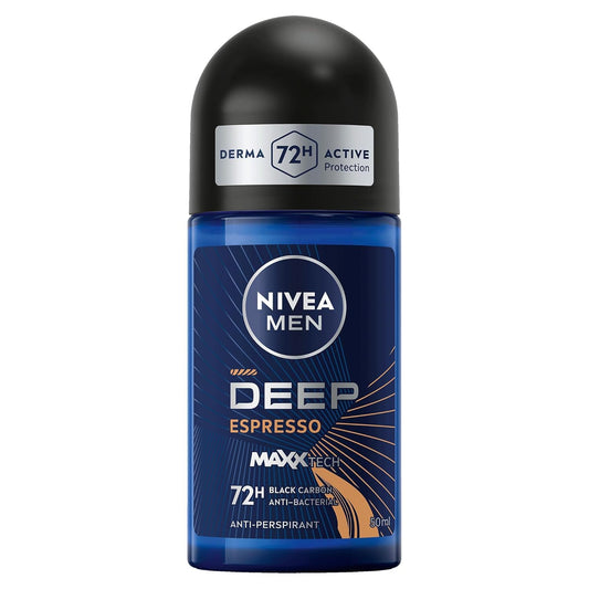 NIVEA MEN Antiperspirant Roll-on for Men, DEEP Black Carbon Antibacterial, Espresso Scent, 50ml