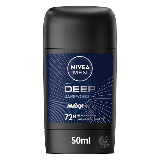 NIVEA MEN Antiperspirant Stick for Men, 72h Protection, DEEP Black Carbon Antibacterial, Woody Scent, 50ml