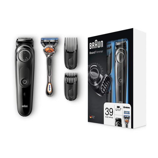 Braun Beard Trimmer With Precision Dial With 2 Combs for 39 length settings 0.5-20 mm and Gillette Fusion5 ProGlide Razor, Black/Silver – BT5042