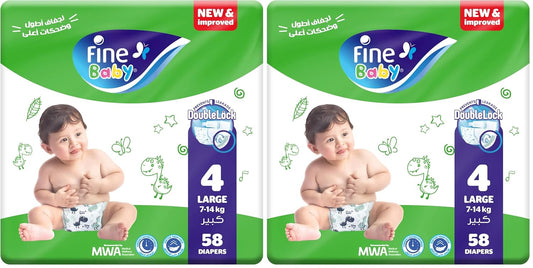 Fine Diapers Size 4, Large, 7-14 kg, 58 Diapers (Pack of 2)