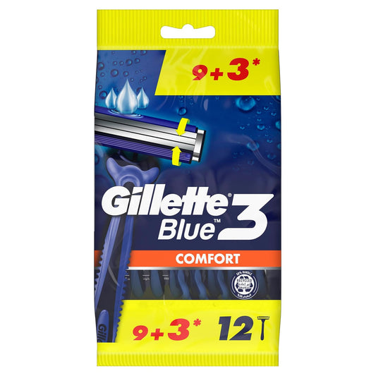 Gillette Blue 3 Comfort Disposable Razor for Men 9 + 3 Free – Pack of 12