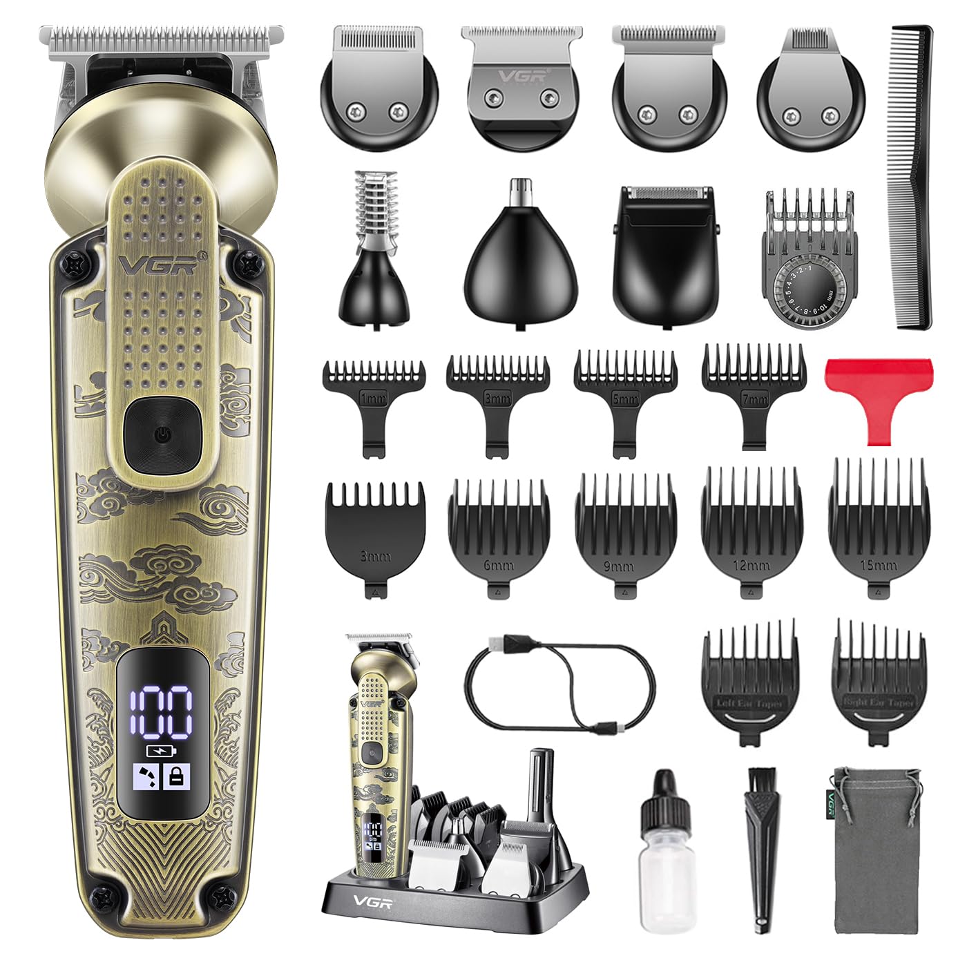 VGR 095 Beard Trimmer for Men, 7 in 1 Waterproof Cordless Hair Trimmer and Trimmer, Electric Shavers with T-Blade, Grooming Kit for Nose Body Ear Mustache