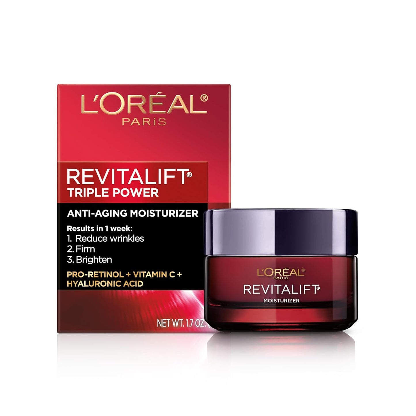 L’Oreal Paris Skincare Revitalift Triple Power Anti-Aging Face Moisturizer with Pro Retinol, Hyaluronic Acid & Vitamin C to reduce wrinkles, firm and brighten skin, 1.7 Oz