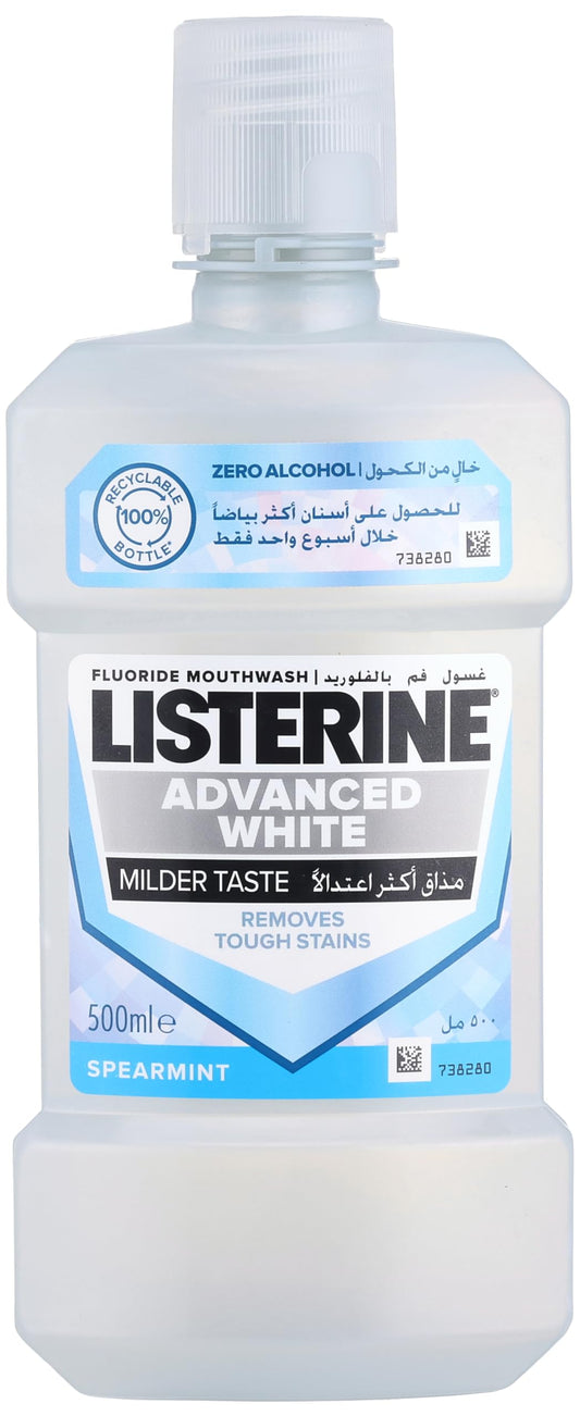 LISTERINE advanced white mouthwash, removes tough stains, milder taste, spearmint flavour, 500ml