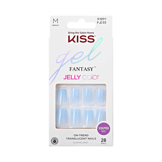 KISS Gel Fantasy, Press-On Nails, Nail glue included, Jelly Crushin', Light Blue, Medium Size, Square Shape, Includes 28 Nails, 2G Glue, 1 Manicure Stick, 1 Mini File