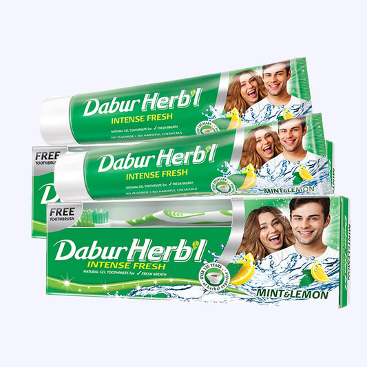 Dabur Herbl Intense Fresh Gel Toothpaste (2 x 150g+Toothbrush) | With Blend of Mint & Lemon | Natural Gel Tooth paste For Fresh Breath | Value Pack