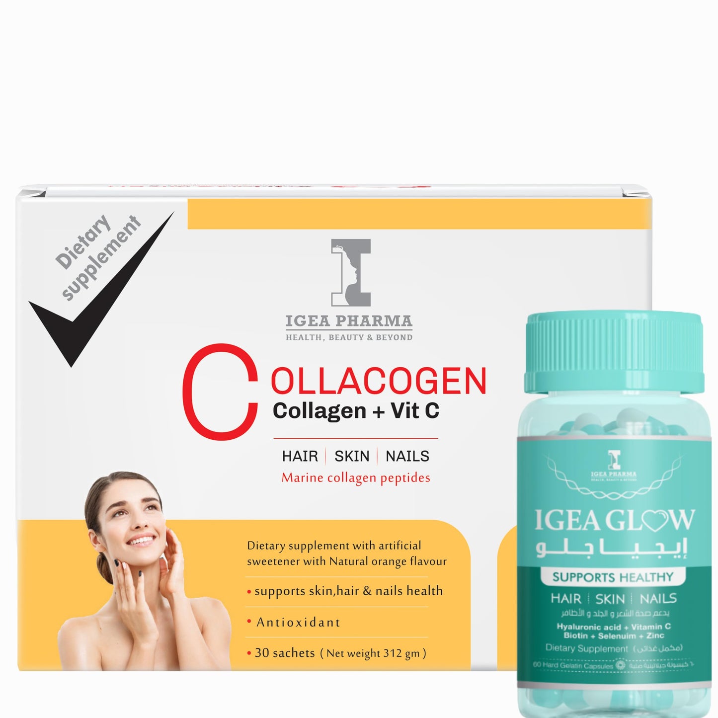Igea Hair Glow & Nail Support Routine | Glow Hair 60 Capsules + Collacogen Orange Drink 30 Sachets With Marine Collagen.