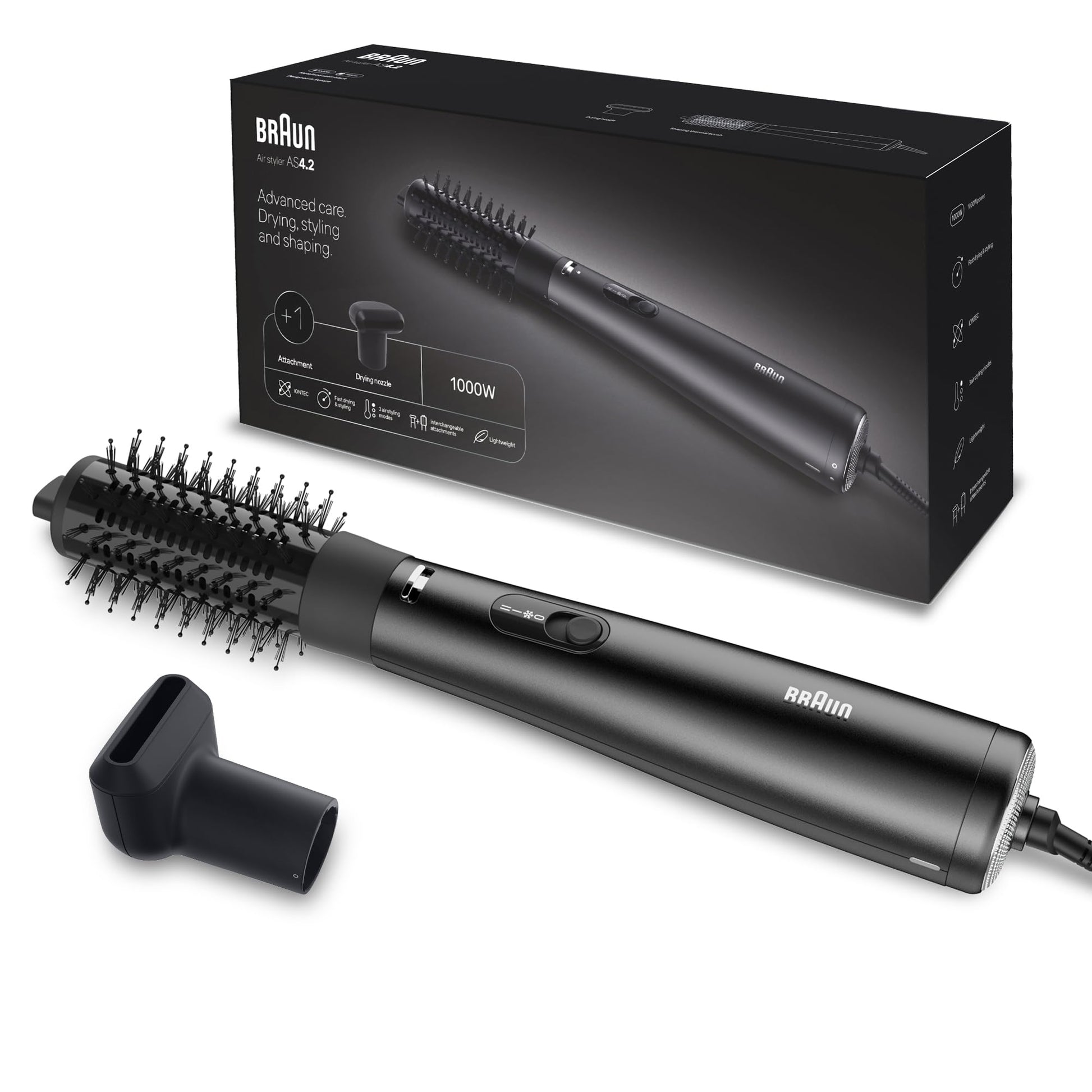 Braun Air Styler AS4.2, Advanced Care, Hair Drying, Modeling and Shaping, 1000 Watts with Drying Nozzle, BRAS420SDE Air Brush - Black Ionic