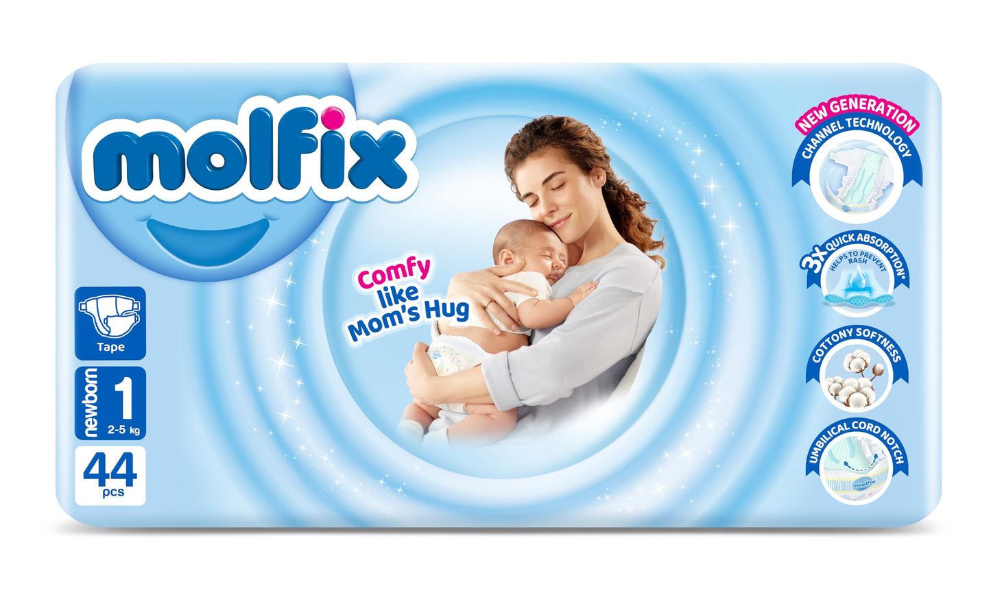 Molfix Baby Diaper Open Size 1, Twin Pack, 2-5 KG, 44 Units, Molfix Open Diapers, Size 1, 2-5KG, Twin Pack, 44 Count, Cotton Material