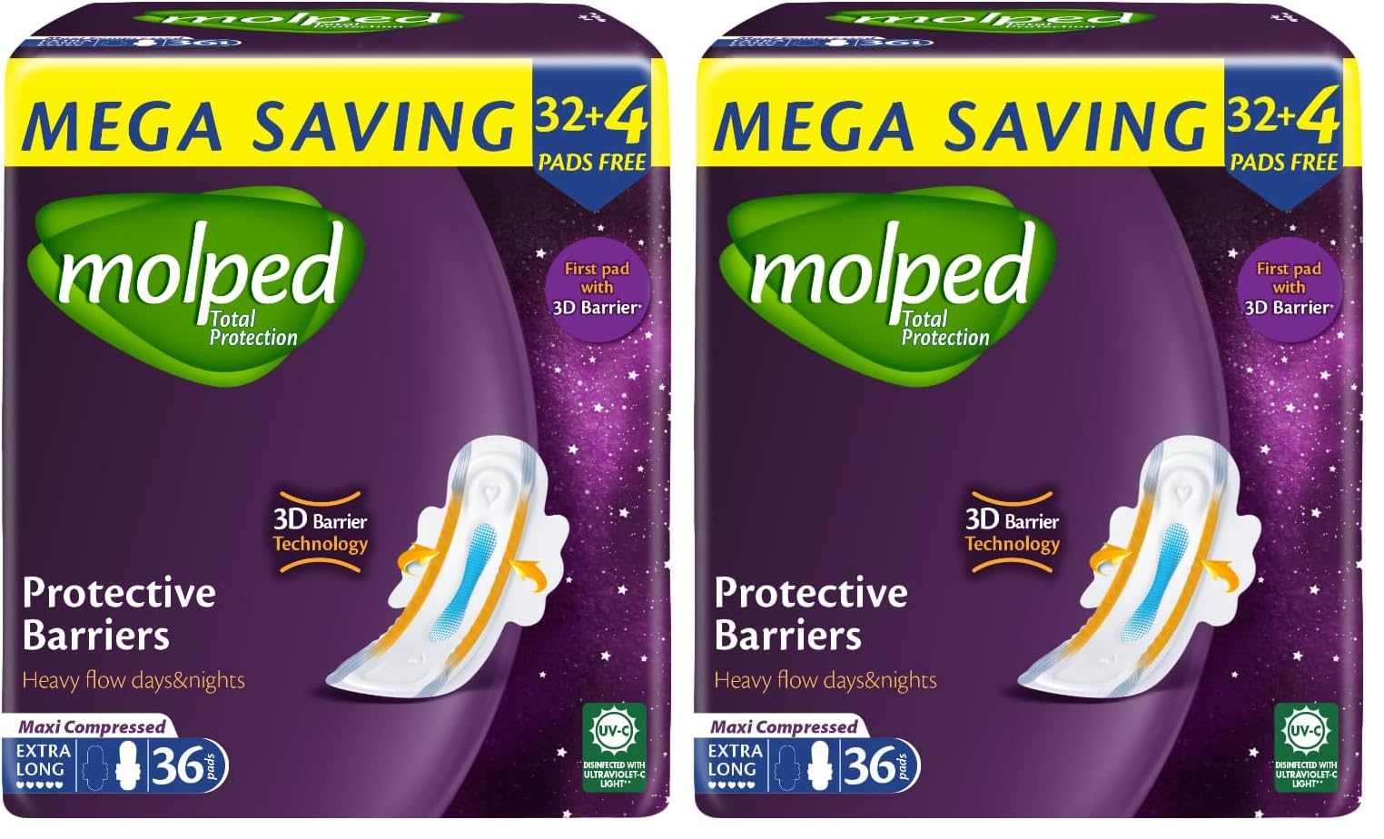Molped Total Protection - Family Pack - Extra Long- 36 Pads (Pack of 2)